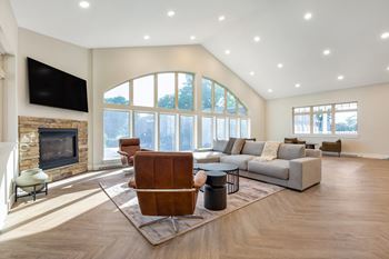 a living room with a couch and a chair and a fireplace